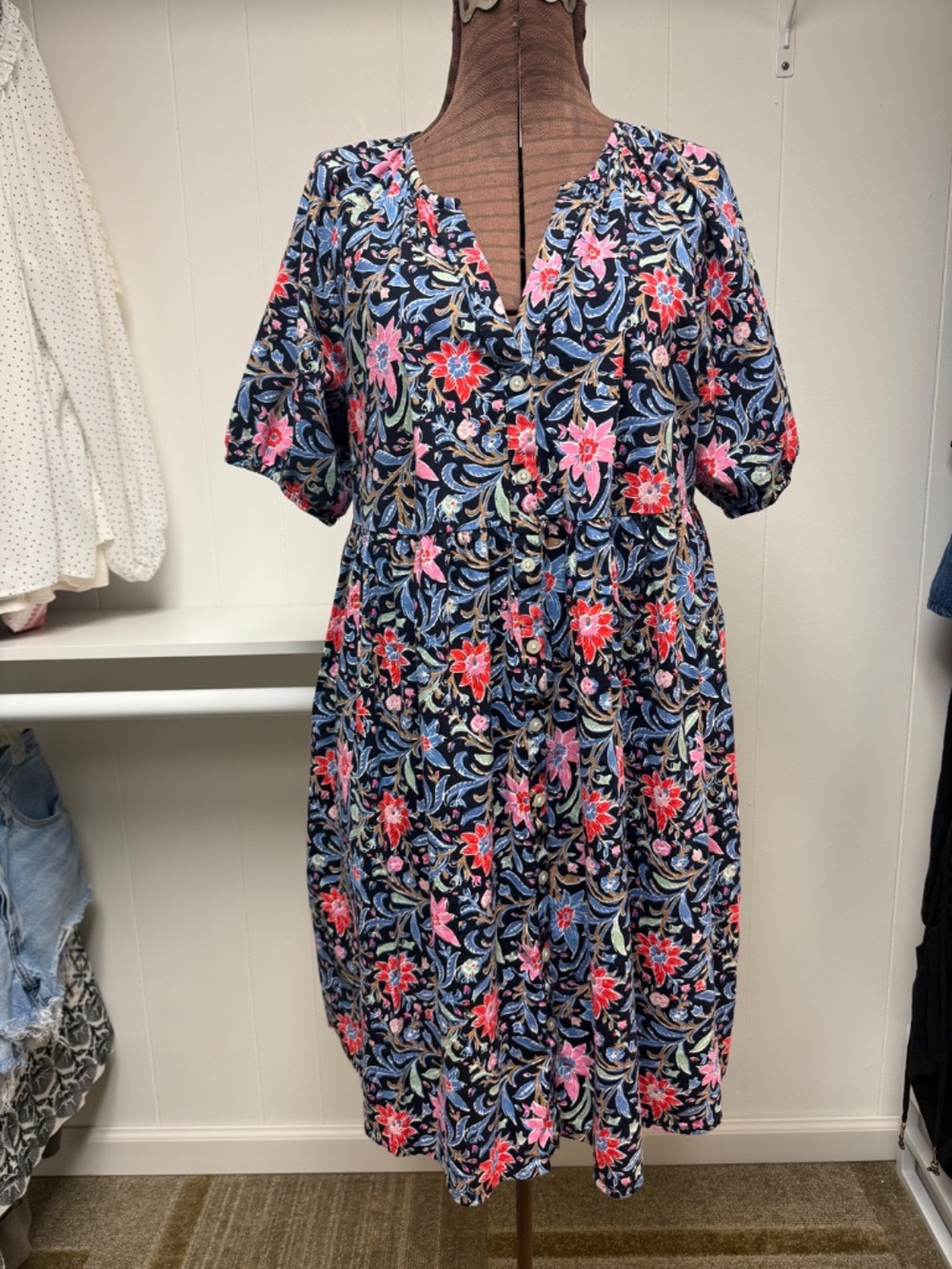 LOFT Floral V-Neck Short Sleeve Button-Front Dress with Pockets Size XL